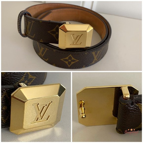 Authentic Louis Vuitton Monogram Canvas Cabochon Gold Logo Buckle Belt 80/32 - Picture 2 of 13